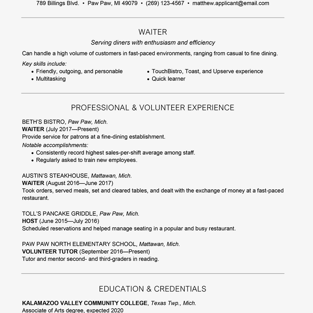 Waiterwaitress Resume And Cover Letter Examples for dimensions 1000 X 1000