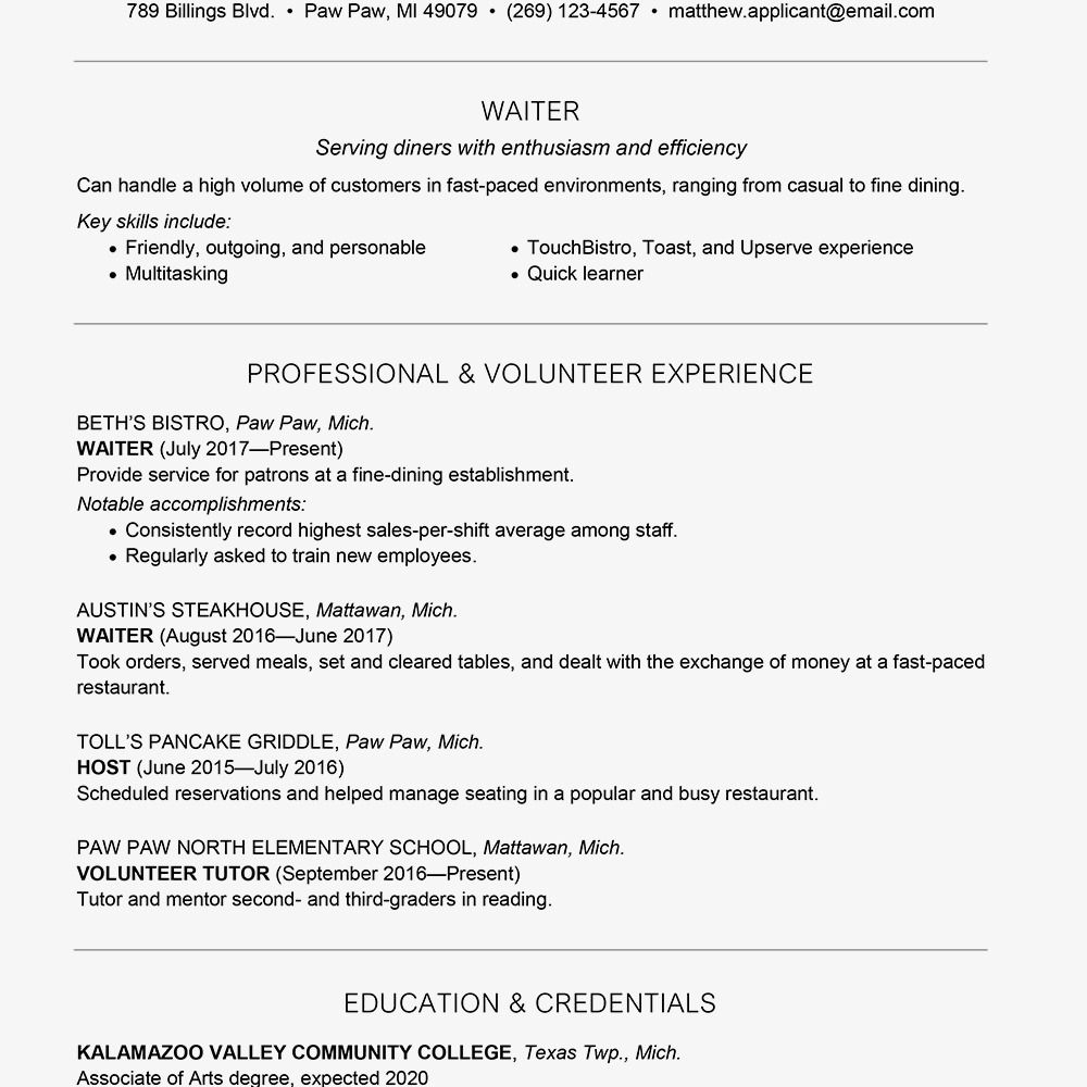 Waiterwaitress Resume And Cover Letter Examples for proportions 1000 X 1000