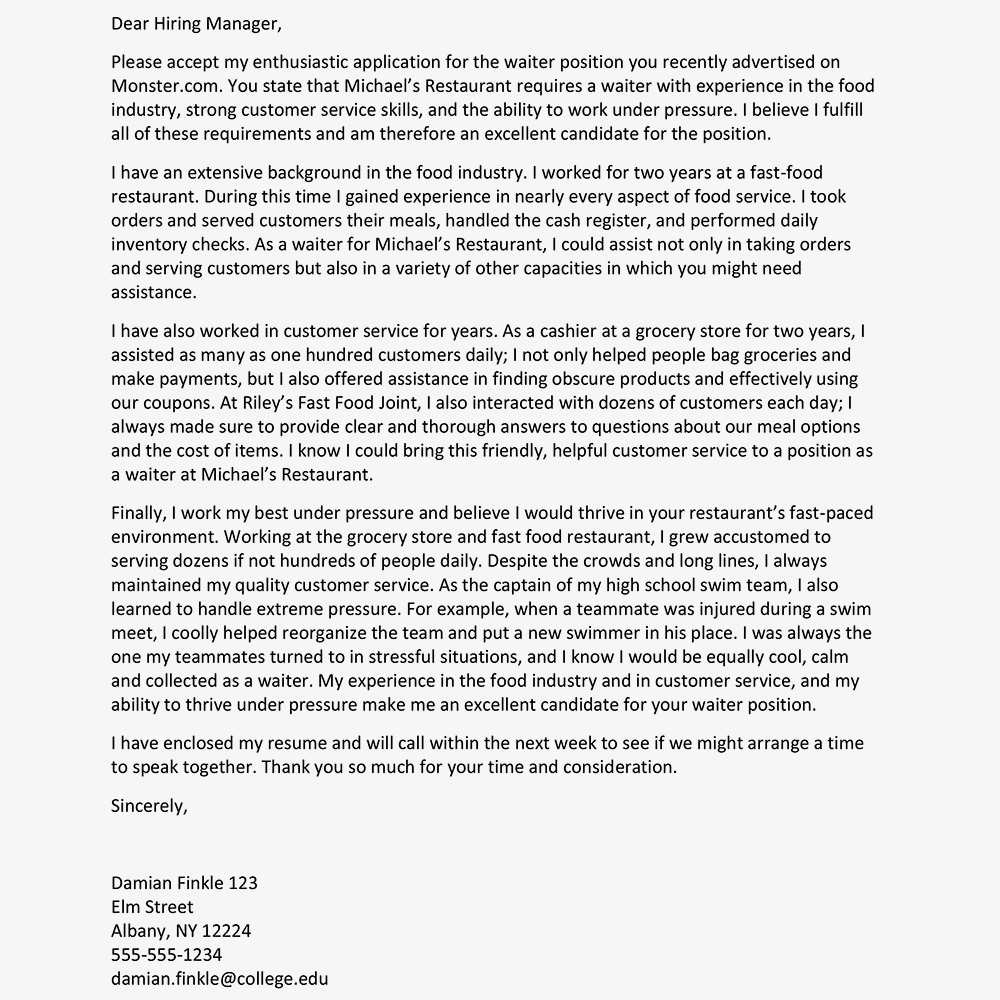 Waiterwaitress Resume And Cover Letter Examples with size 1000 X 1000