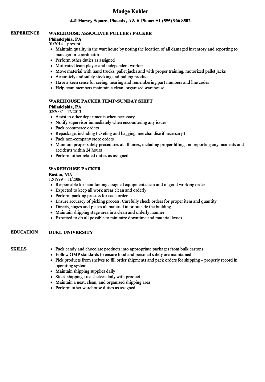 Warehouse Packer Resume Samples Velvet Jobs regarding dimensions 860 X 1240