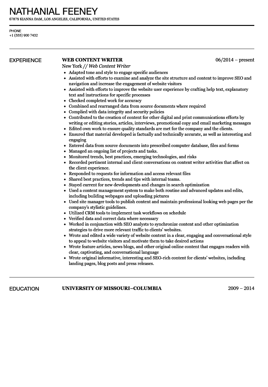 Web Content Writer Resume Sample Velvet Jobs throughout measurements 860 X 1240