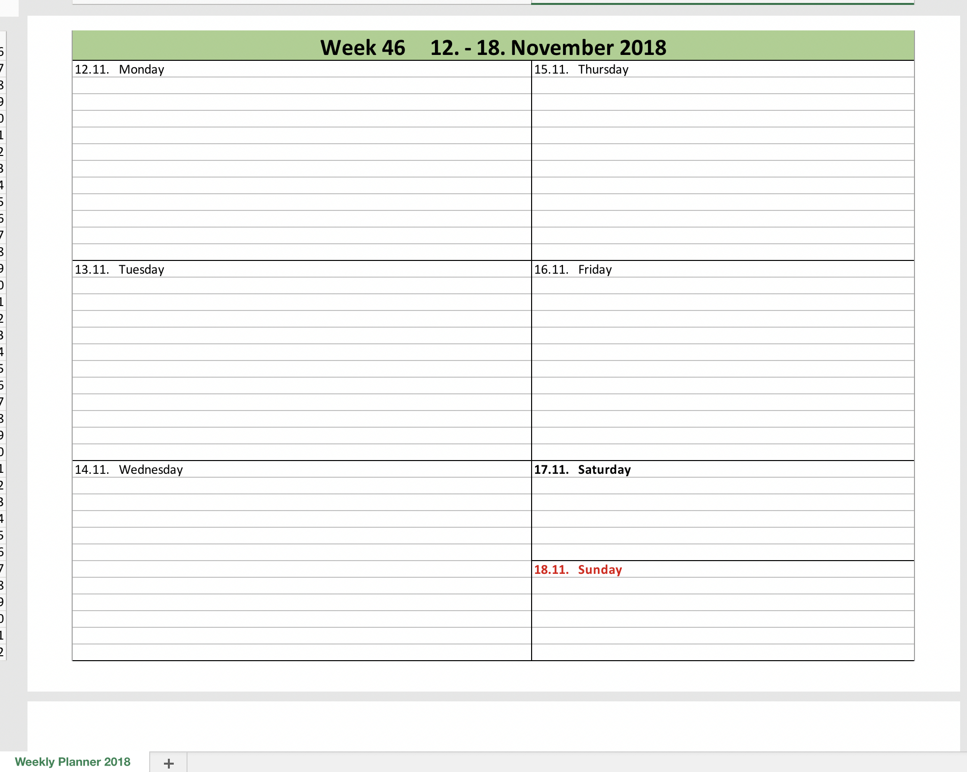 Weekly Calendar 2018 With Excel with measurements 1970 X 1574