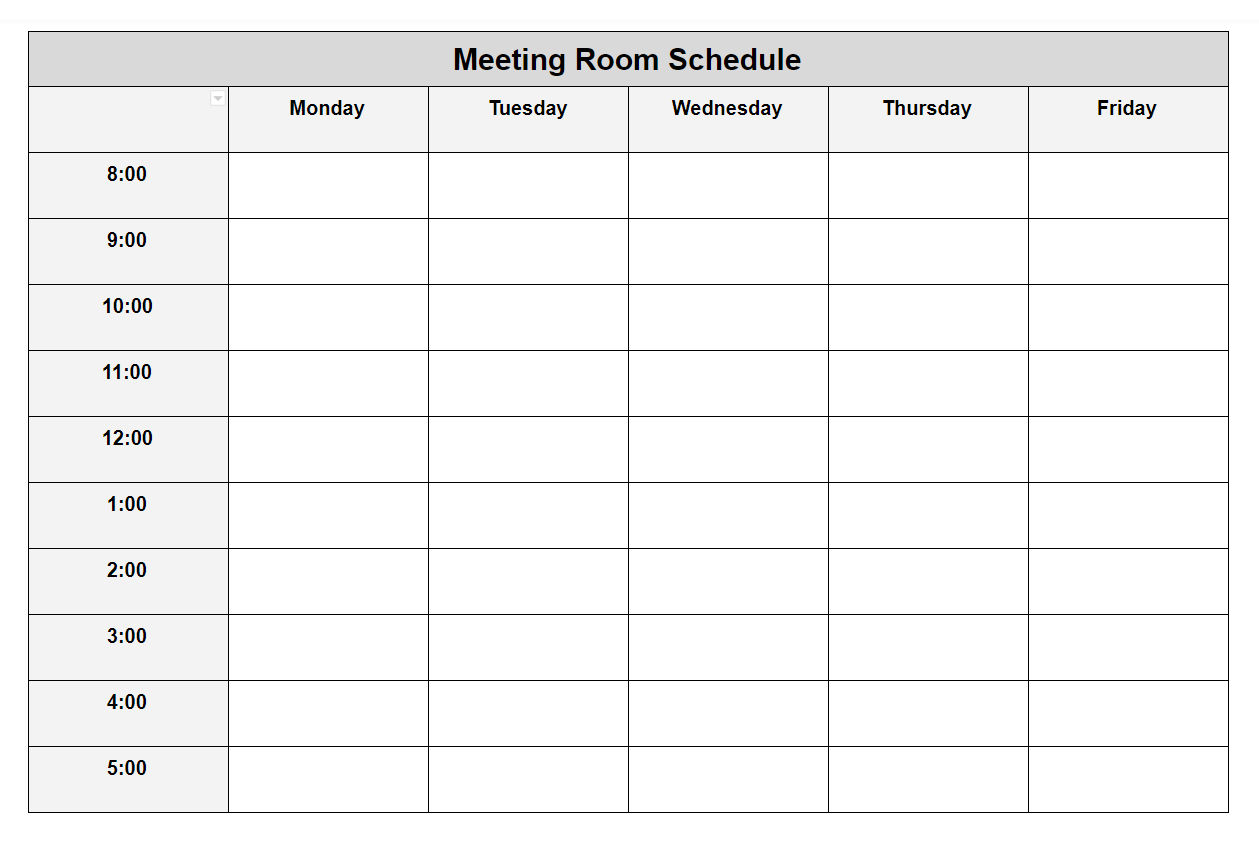 Weekly Meeting Room Schedule Template for sizing 1259 X 843