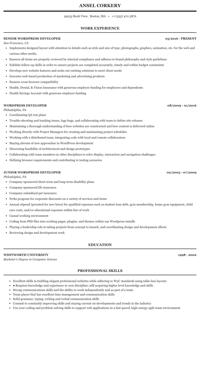 Wordpress Developer Resume Sample Mintresume with dimensions 800 X 1506