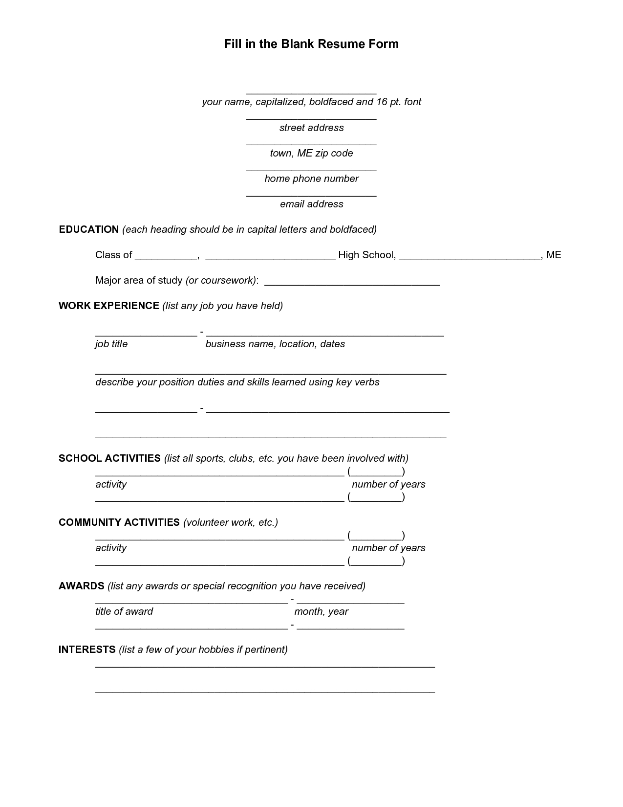 You Can Fill In Student Resume Template Resume Form Free within size 1275 X 1650